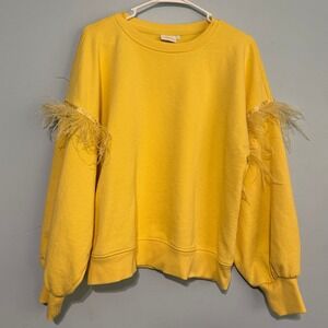 ONLY LIFE SIze L Yellow Feather Trim Sweatshirt Crew Neck Pullover 1692